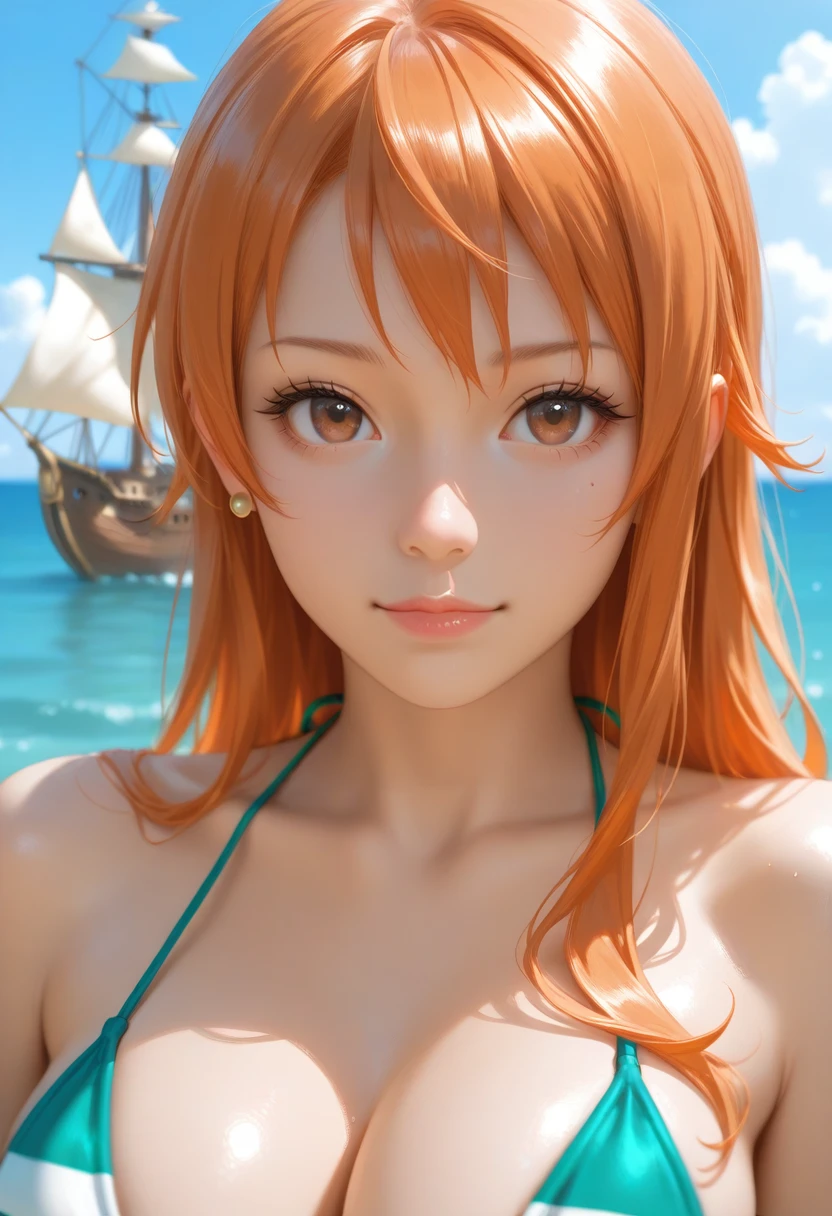 masterpiece, best quality, realistic
1girl, nami, long orange hair, pirate ship, green and white strip bikini, face focus, ocean