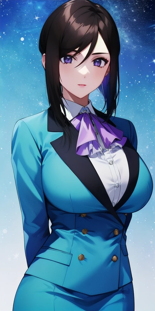 <lora:LinnaYamazakiV2:0.7> linna_yamazaki, huge_breasts, standing, solo, starry_sky, arms_behind_back, white_collared_shirt_purple_ascot_aqua_pencil_skirt_aqua_blazer, masterpiece, best_quality, detailed_face, detailed_eyes, highres, beautiful, detailed, absurdres,