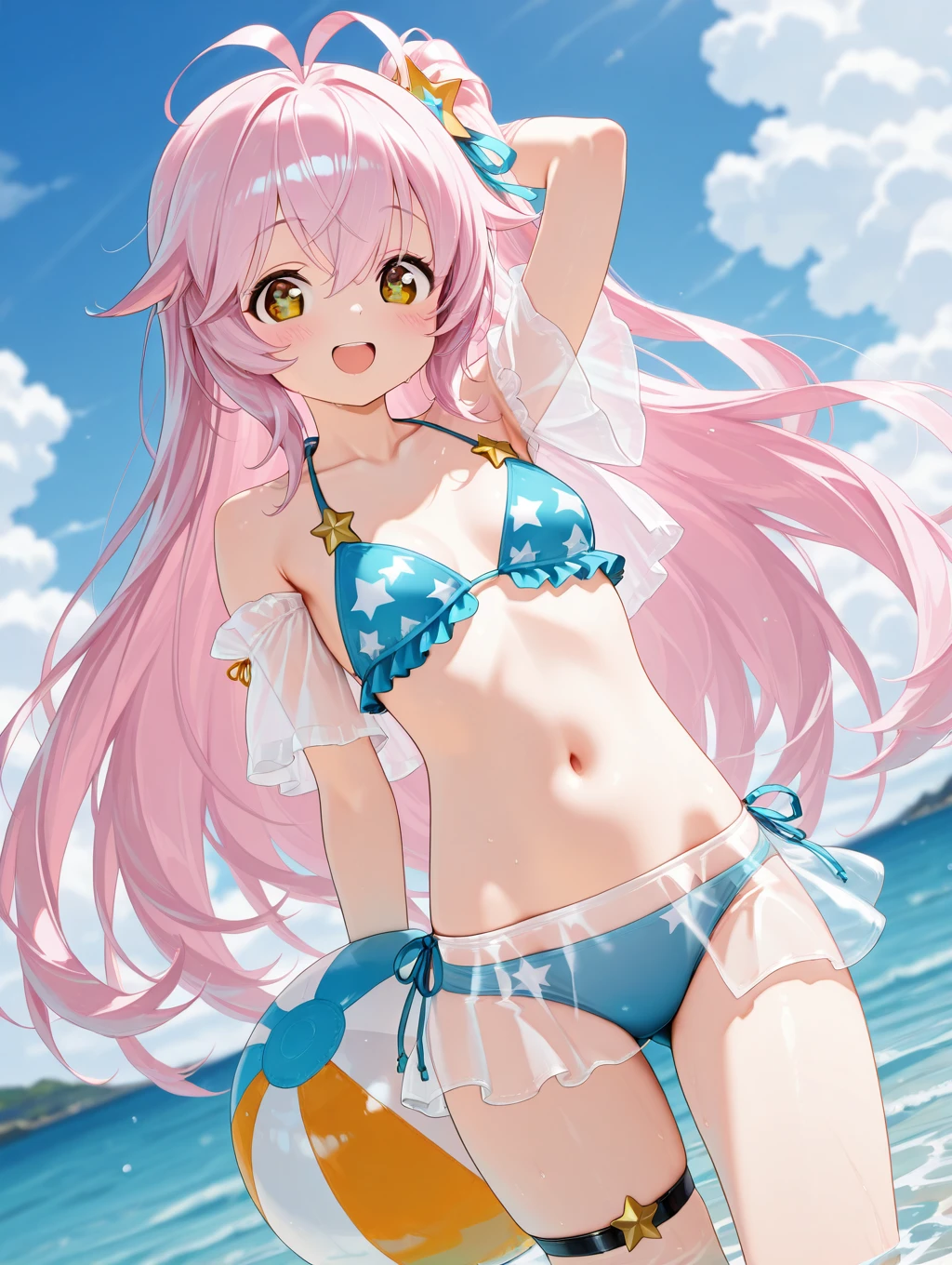 lena, 1girl, solo, long hair, looking at viewer, blush, smile, open mouth, hair ornament, navel, hair between eyes, very long hair, standing, collarbone, swimsuit, yellow eyes, pink hair, ahoge, bikini, small breasts, outdoors, sky, day, cloud, water, stomach, star (symbol), blurry, blue sky, see-through, symbol-shaped pupils, dutch angle, thigh strap, blurry background, side-tie bikini bottom, antenna hair, blue bikini, ball, frilled bikini, arm behind head, beachball

masterpiece, best quality,amazing quality, very aesthetic, absurdres, depth of field, blurry background, extremely detailed face, detailed eyes,


masterpiece, best quality,amazing quality, very aesthetic, absurdres, depth of field, blurry background, extremely detailed face, detailed eyes