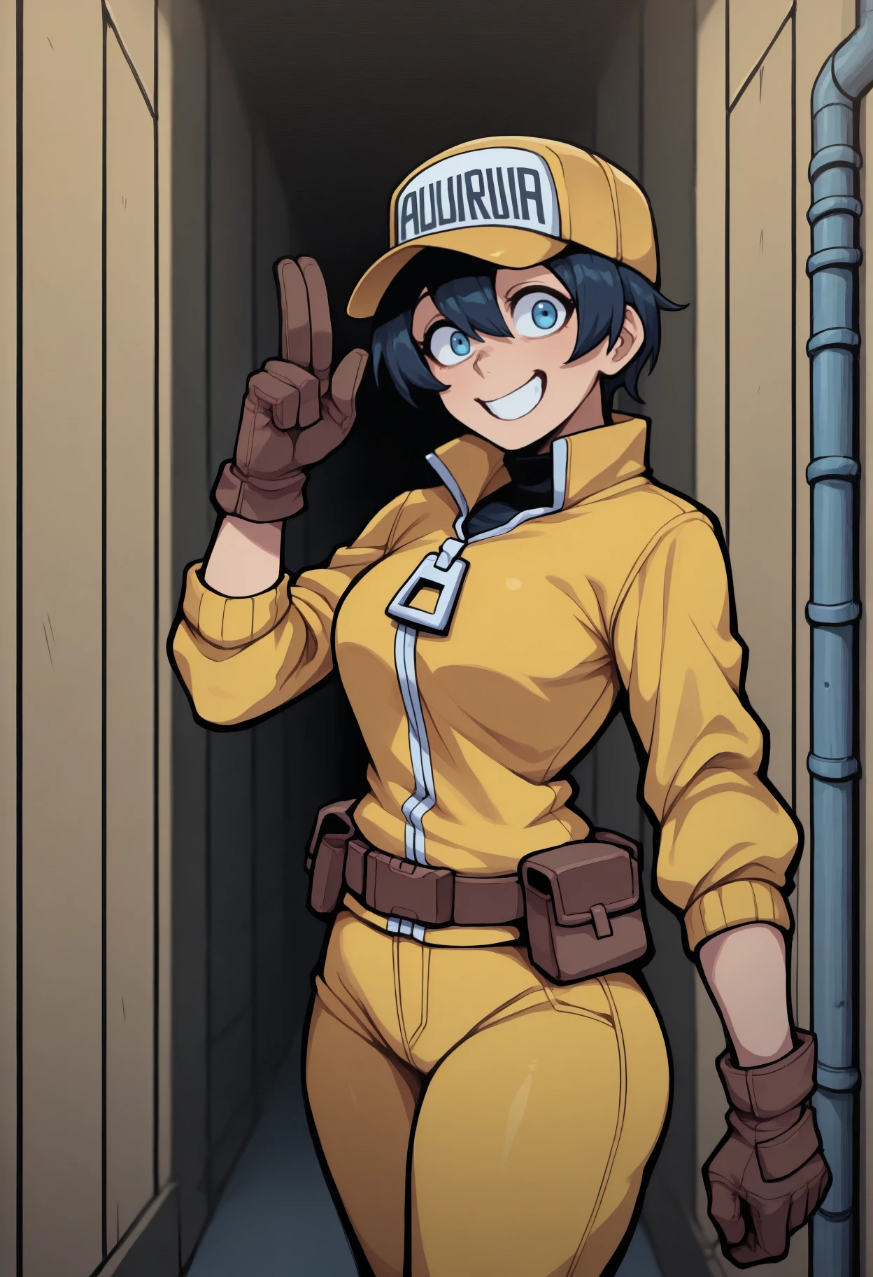 anime, masterpiece, best quality, solo, 1girl, ulut, grin, looking at viewer, standing, two-finger salute, short hair, black hair, hair between eyes, yellow headwear, baseball cap, clothes writing, blue eyes, yellow jacket, collared jacket, zipper pull tab, sleeves past elbows, brown gloves, brown belt, utility belt, belt pouch, yellow pants, indoors, hallway, industrial pipe, valve
<segment:yolo-face_yolov8m.pt,0.4,0.5//cid=1>