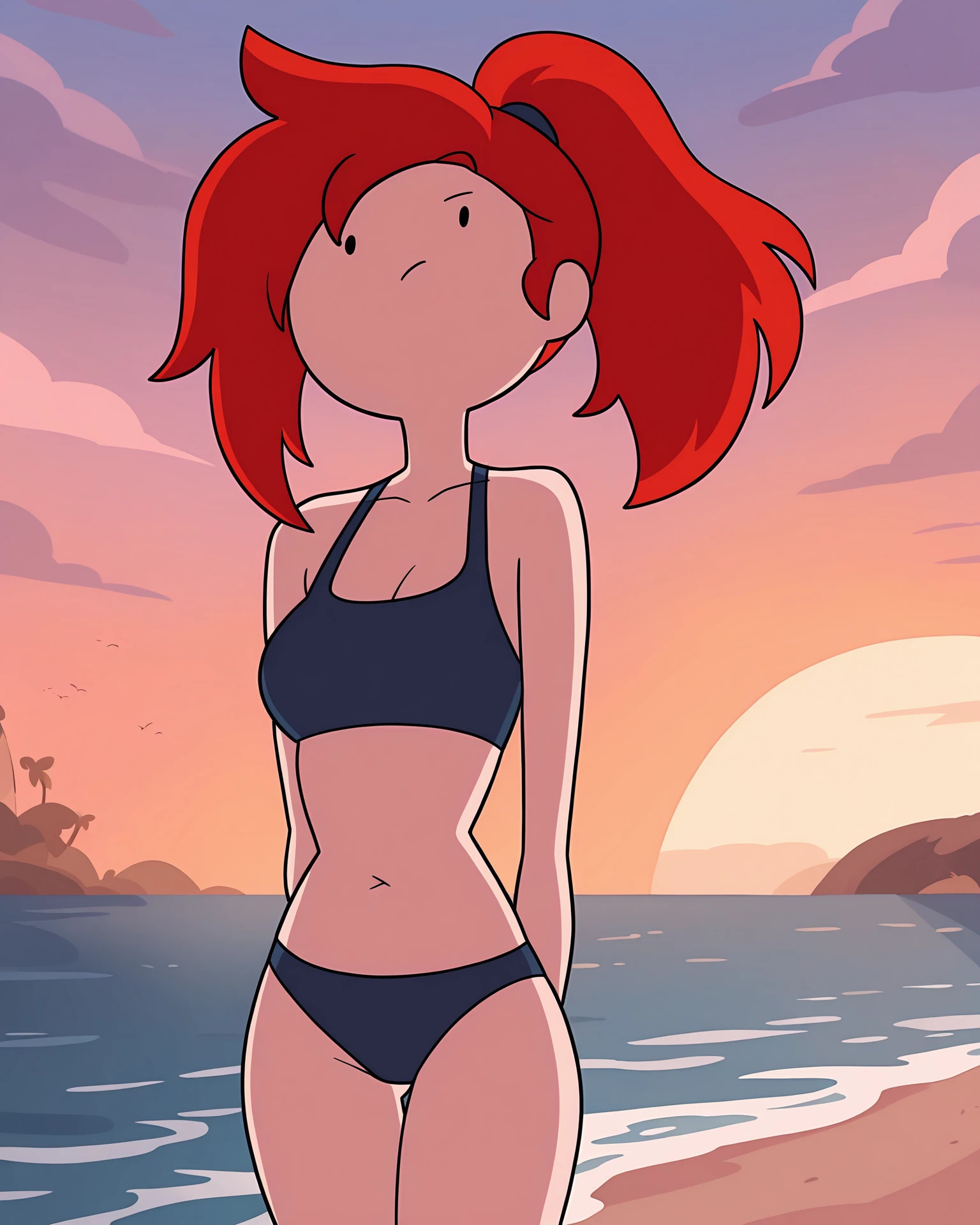 masterpiece, best quality, newest, absurdres, highres, outdoors, beach
1girl, solo, red hair, ponytail, swimsuit, adventure time, <lora:AdventureTime_ILL:1>