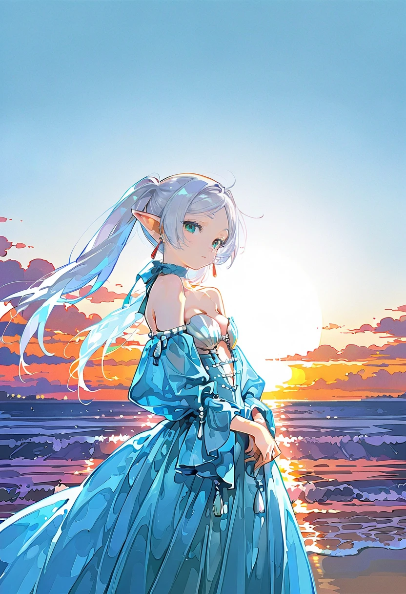 1girl,solo,looking at viewer,ikeda ruriko, mm gown, blue dress,shell bikini,frieren, ocean, sunset