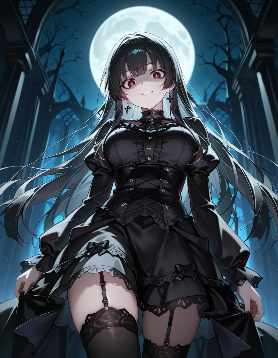 masterpiece, best quality, absurdres, volumetric lighting, gothic, gothic dress, gothic jewelry, night, moon, 1girl, solo, black hair, long hair, bangs, long sleeves, black dress, thighhighs, garter straps, black legwear, medium breasts, breasts, light smile, crazy face, looking at viewer, from below, dramatic lighting, dark atmosphere, elegant, intricate details, lace, ornate design, mysterious expression
