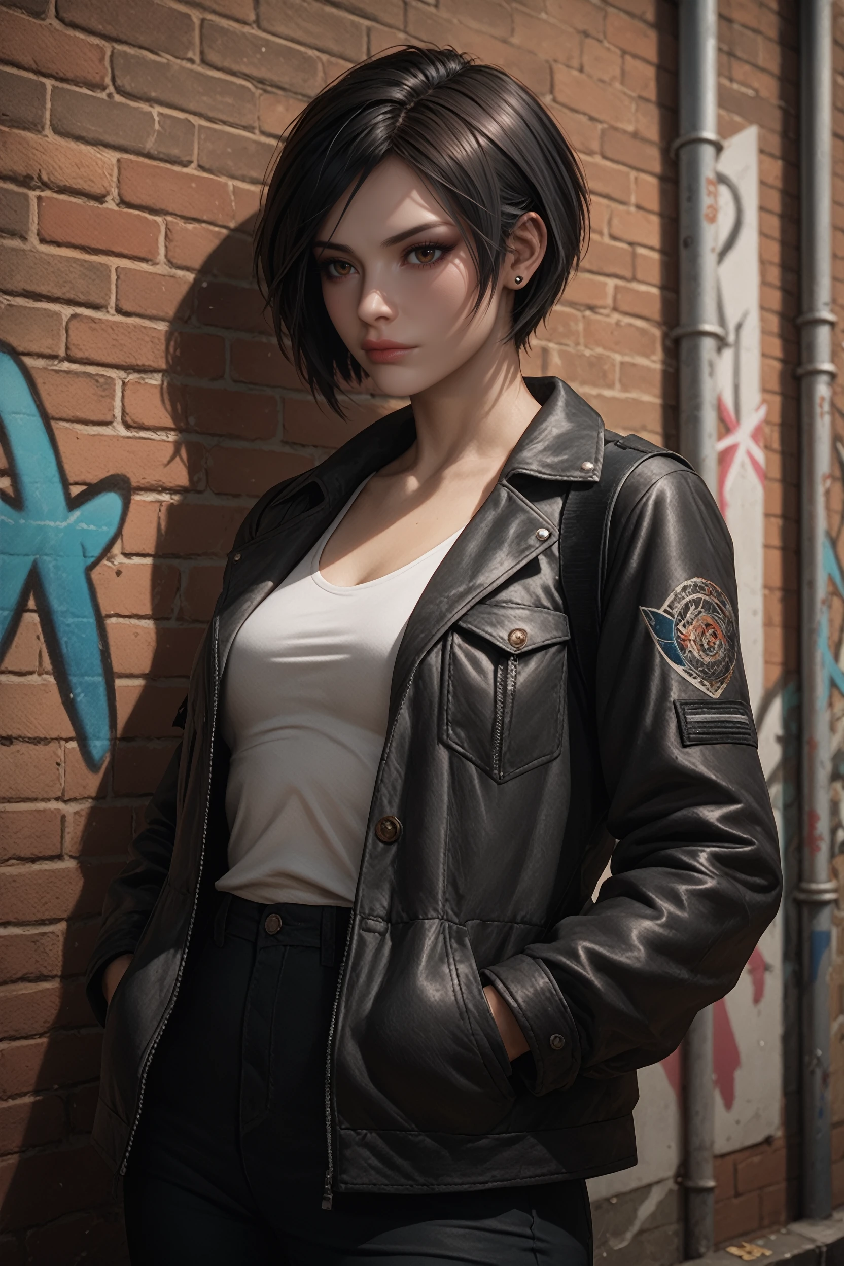 score_9, score_8_up, score_7_up, score_6_up
<lora:RE2Ada:0.8>
RE2Ada, 1girl, black hair, short hair, brown eyes, leaning against a brick wall, hands in jacket pockets, urban alleyway with graffiti art, moody lighting with shadows, edgy and modern vibe