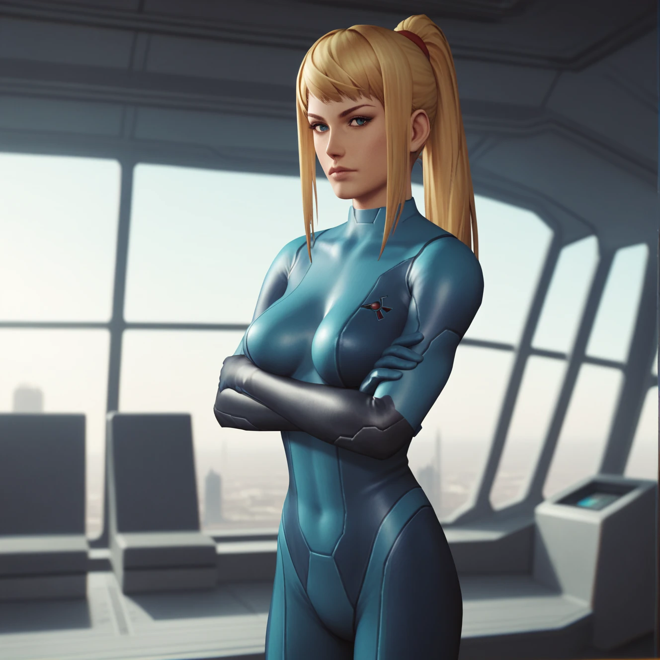 score_9, score_8_up, score_7_up, score_6_up, 1girl, solo, z3r0s4m, ponytail, , cowboy shot, crossed arms, looking at viewer, spaceship, <lora:z3r0s4mV1:0.8>