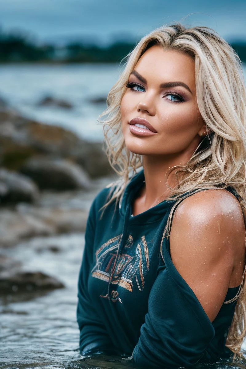 a photo of Charlotte Flair <lora:CFLairFawzi:0.65> in the rain forest, she is swimming in a dirty river, messy hair, blonde hair, bimbo, blue eyes, smile, big tits, very long hair, (((night time))), photography, high definition, highly detailed, hyper detailed, ultra realism, photorealistic, cinematic light, dynamic lighting, studio quality, very intricate, smooth, sharp focus, lightrays, award winning, 8 k, vibrante, vibrante colors, vibrante colours, digital vibrance, high quality, highres, absurdres, 8 k, depth of field, 8k,