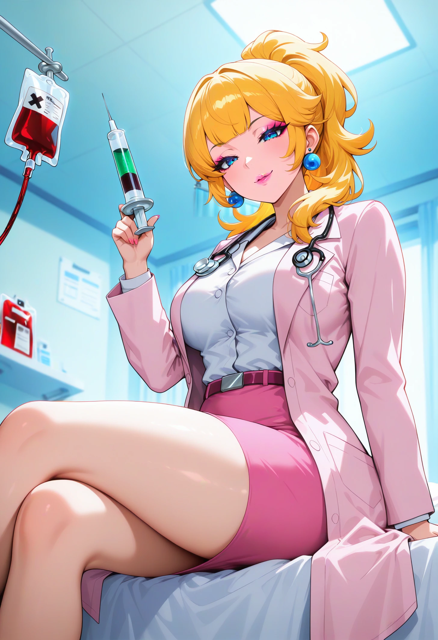 masterpiece, best quality, newest, absurdres, highres, 1girl, <lora:PrincessPeach_NoobAI_Incrs_v1-000012:1>, IncrsPchDoc, long hair, ponytail, bangs, stethoscope, doctor, skirt, labcoat, white shirt, pink lips, pink coat, makeup, lipstick, coat, pink skirt, belt, jewelry, earrings,
holding syringe, large syringe, bed, from below, seductive smile, sitting, solo, indoors, blood bag, veins,