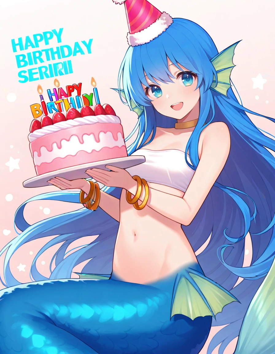 <lora:Pserilly_SDXL_Illustrious01_fp16_ver01:1>,Pserilly,1girl,solo, blue hair, blue eyes, very long hair, head fins,bracelet,choker,bandeau,mermaid,happy birthday,birthday cake,party hat,party popper,<lora:HairintakesEraser_v01_illustrious_50steps:2>, masterpiece, best quality, very aesthetic, absurdres,<lora:detailed_hands:1>,hand