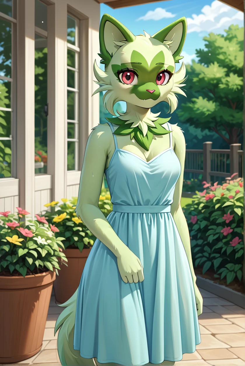 score_9, score_8_up, score_7_up, source_anime, source_furry, (beautiful, detailed background, digital artwork, digital art, well shaded artwork, depth, detailed artwork)1.2, 1girl, female, furry, anthro, sprigatito, backyard setting, standing, summer dress, long flowing fabric, windy, bright sunny day, light shafts, cute, small breasts, natural breasts, breast sag, wide hips, thick thighs