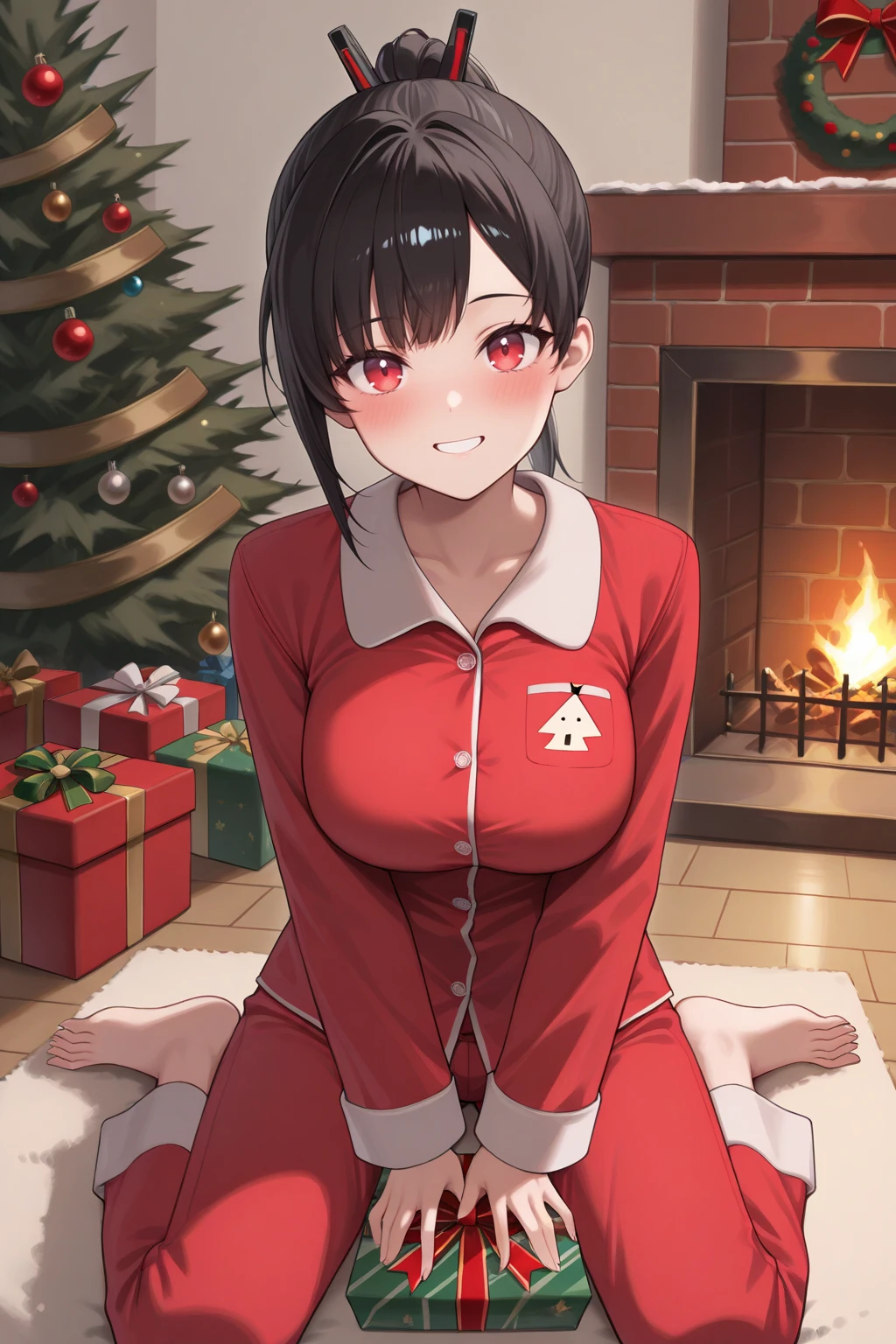 masterpiece, best quality, looking at viewer, smile, blush, teeth, 1girl, zwei, large breasts, red eyes, black hair, medium hair, asymmetrical bangs, sidelocks, ponytail, hair ornament, pajamas, barefoot, on floor, holding gift, indoors, carpet, chimney, christmas tree, gift box, <lora:Hoseki_Nikke_Zwei_IllustriousXL_v1:1>