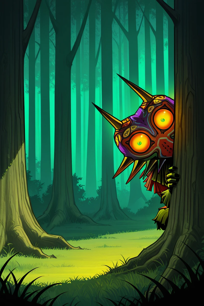 masterpiece, best quality, zzMajora, spikes, yellow sclera, solo, 1boy, horns, glowing eyes, grass, nature, forest, peeking out, hiding,   ,<lora:MajoraZeldaIXL_v2:1.0>,