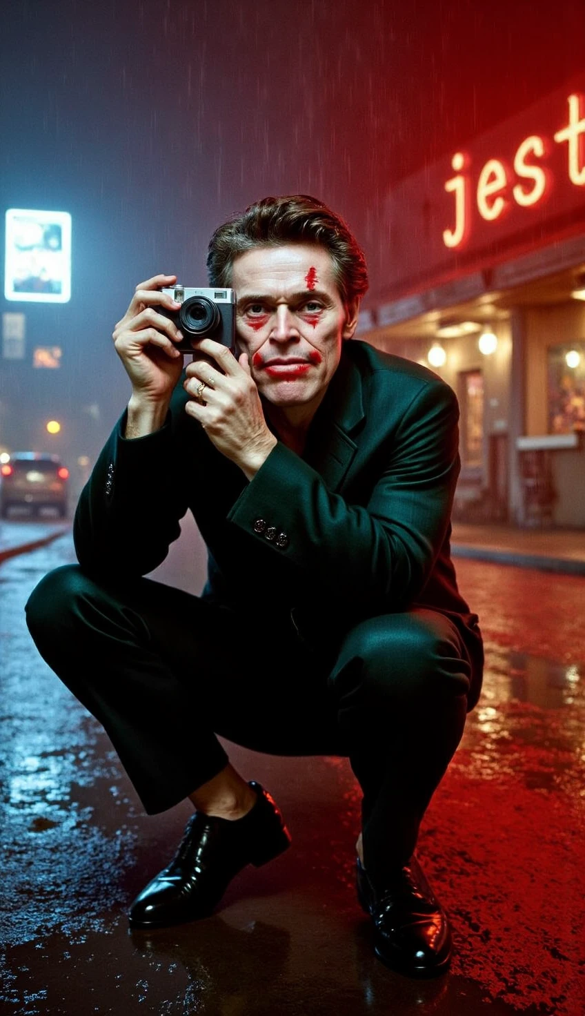 1boy,80s night film, film grain, analog film, pointed styish shoes, neon downtown area, rain soaked streets, billboard advertisement the building that says "jest"   

willem dafoe is joker from batman, tattered suit,

((short black hair that is gelled into a flattop hairstyle:1.2)), white face makeup, red smeared  lipsticks,dark bags under eyes, soot smead across forehead, 

holding an instant camera up to his eye taking pictures,  
 

a daring look in his eyes, wide menacing grin, 

aged face, dirty haggard face, 

((full wide angle,full body visible:1.2)), atmospheric effect, volumetric lighting,  

dutch angle, filmic pass, color grading, cinematic, 
