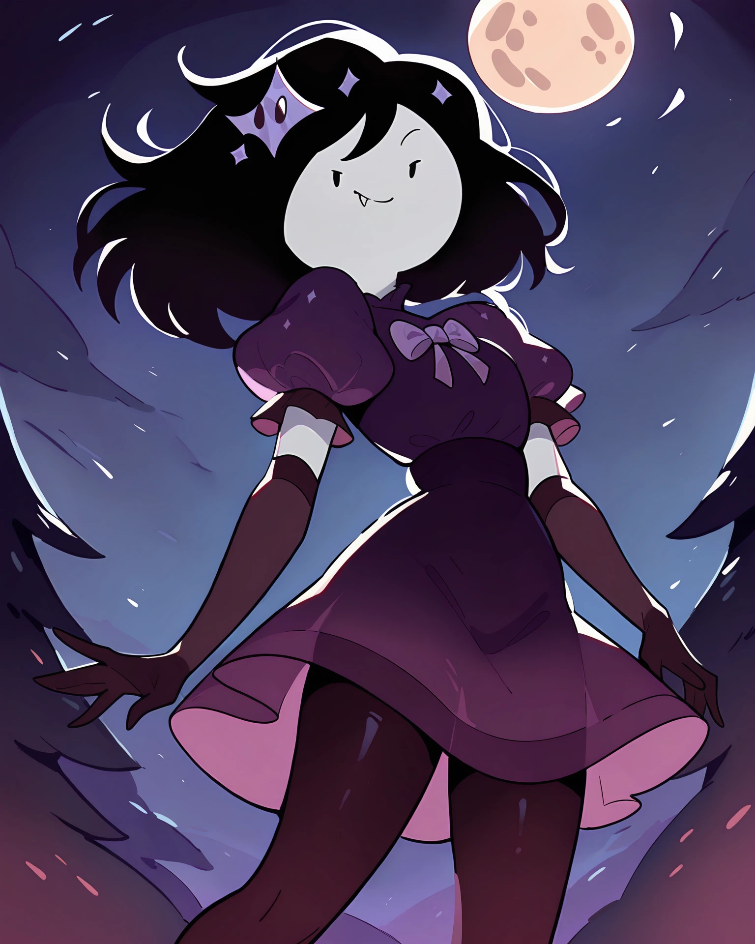 masterpiece, best quality, newest, absurdres, highres, dynamic angle, outdoors, night, moon
1girl, solo, Marceline, no nose, oval eyes, medium hair, purple dress, bow, puffy short sleeves, purplestaroutfit, elbow gloves, leggings, hair ornament, smile, fang, looking at viewer, <lora:Marceline_ILL:1>