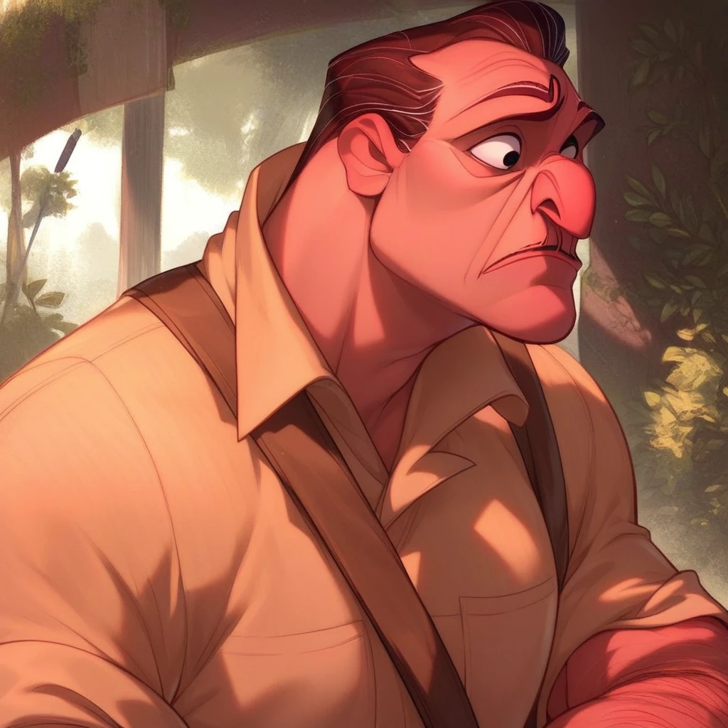 Clayton, buff arms, black eyes, pencil mustache, prominent chin, arched nose, slicked back hair, dark brown hair, grey temple hair, johnclayton-outfit, score_9, score_8_up, score_7_up