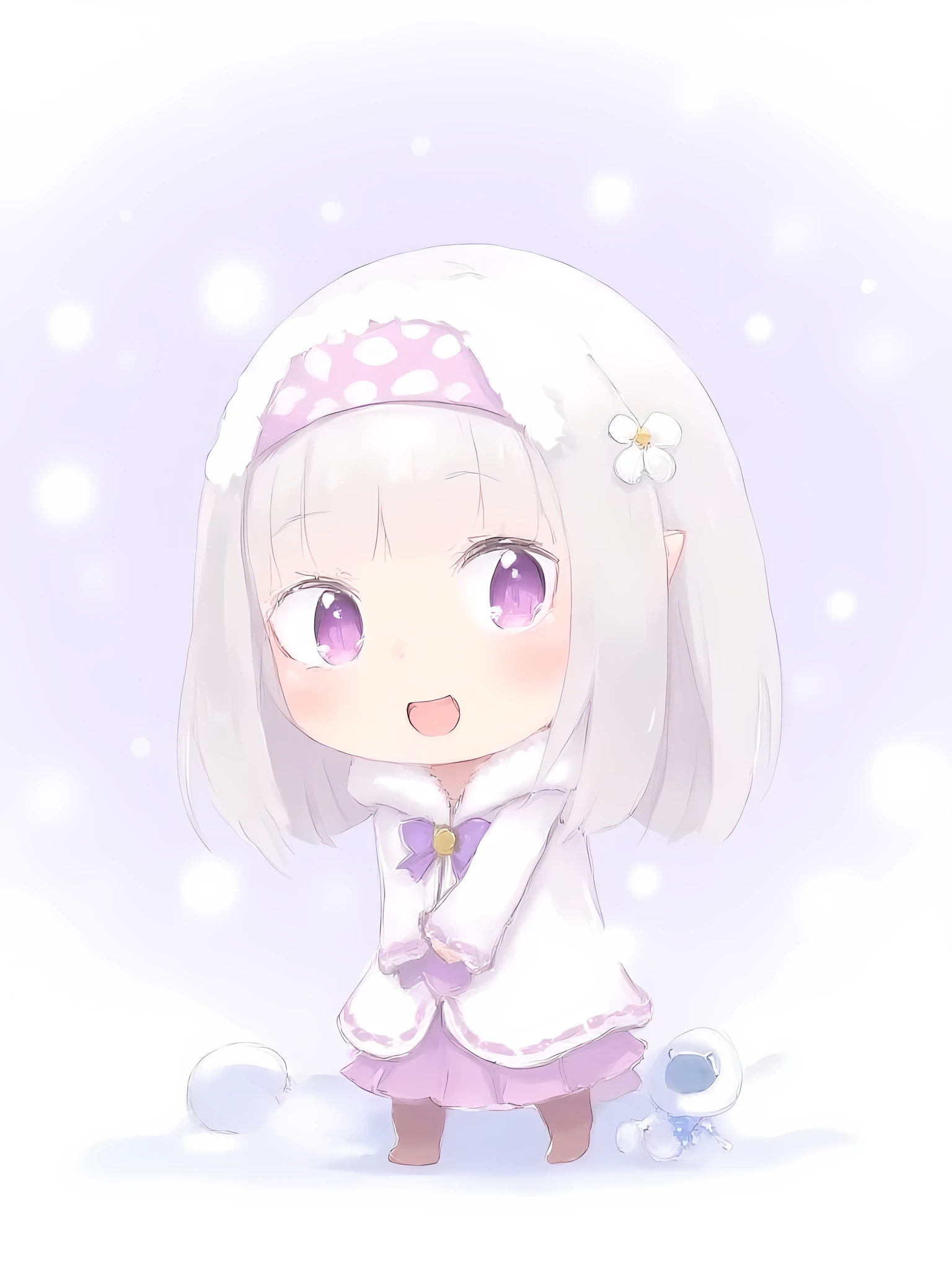 kodomoEmiliaFlux, <lora:kodomoEmiliaFlux:1>, chibi-style child Emilia from Re:Zero, wearing a cute winter coat with a fluffy hood, surrounded by snowmen, adorable expressions, anime style, pastel colors.