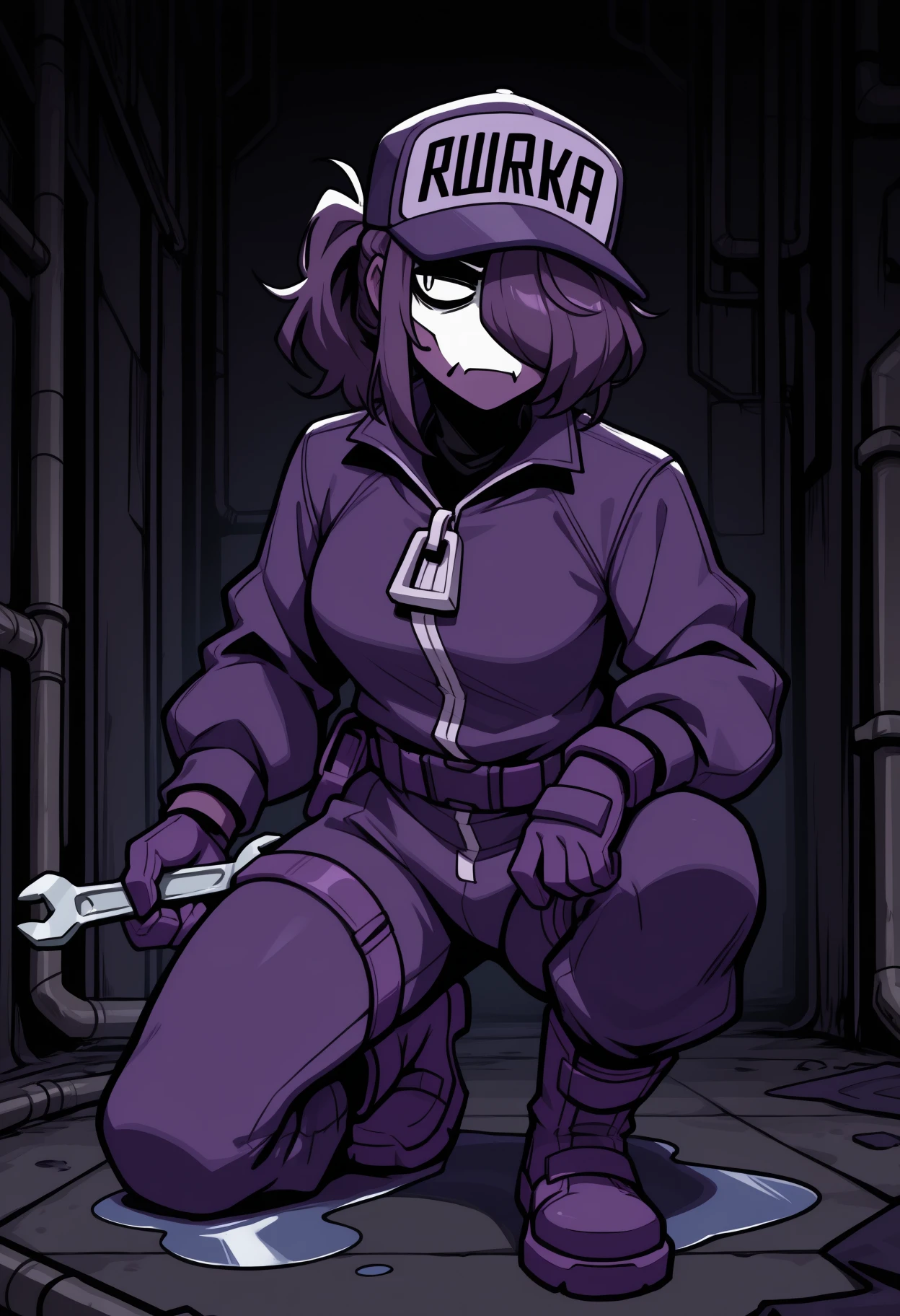 masterpiece, best quality, solo, 1girl, bbyg, purple skin, looking to the side, on one knee, holding wrench, long hair, hair over one eye, ponytail, purple headwear, baseball cap, clothes writing, mask, purple jumpsuit, purple jacket, collared jacket, zipper pull tab, long sleeves, purple gloves, purple belt, purple pants, boots, indoors, dark background, industrial pipe, puddle
<segment:yolo-Anzhc Face seg 640 v2 y8n.pt,0.4,0.5//cid=1>