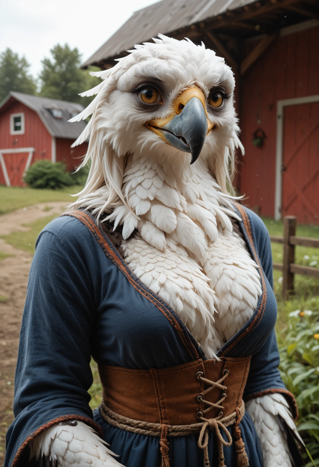 kftenhance, Expressiveh, safe_pos, score_9, score_8_up, score_7_up, score_6_up,  Eagle Girl, Eagle head, Breasts, Smiling Beak, Multicolored Feathery Skin, Furry Bird Cowboy, farm background