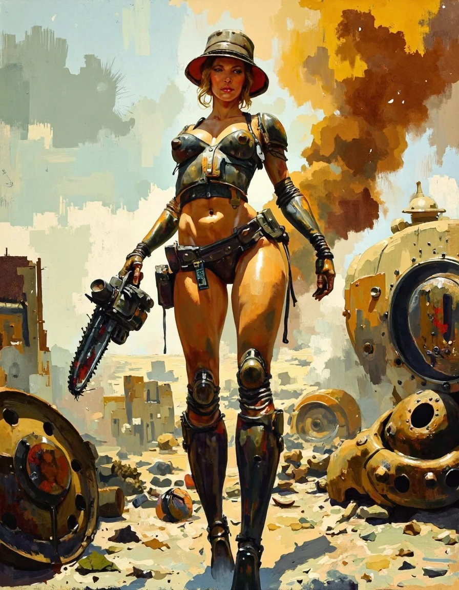 (ashleywood style painting) beautiful voluptuous android woman patrolling post apocalyptic wasteland, cannon, chainsaw, rubble, smoke,
her dangerous beauty is contrasted by the bleak environment,
speed painting, traditional media, brushstrokes, concept art, lineart