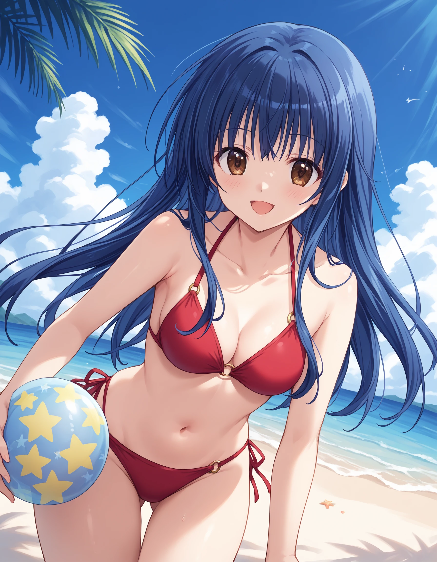 score_9, score_8_up, score_7_up, source_anime, <lora:add-detail-xl:1>, good anatomy, completely anatomy,
BREAK 1girl, playing, smile, open mouth, in beach,
BREAK <lora:saori-amato Sarasara Sasara (Atelier Kaguya):0.6> saori, blue hair, long hair, brown eyes, medium breasts,
BREAK bikini, red bikini, simple bikini, holding beachball,