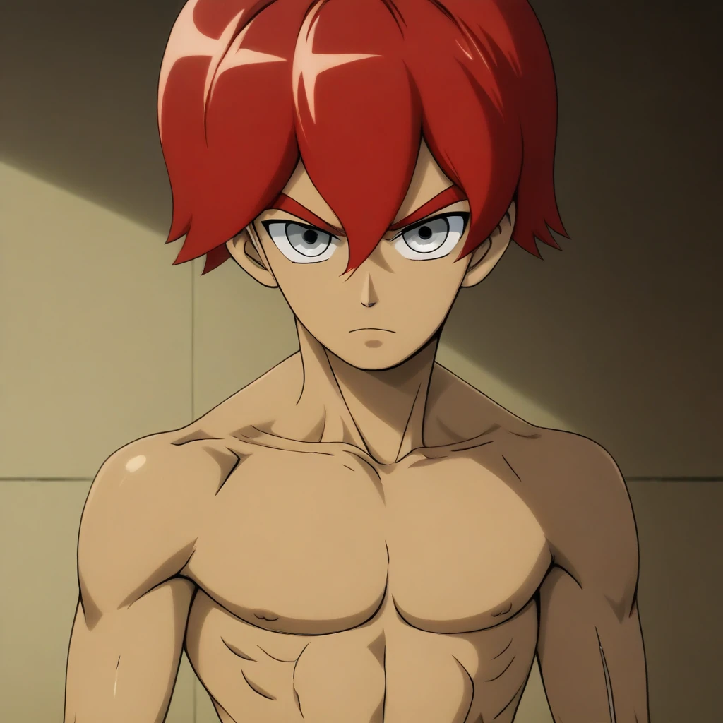 Highres, Masterpiece, Best quality at best,Best Quality,hight quality, hight detailed, anime style, (1boy, Boy, Shota), Tanjiro, red hair, earring, Taimanin bodysuit, Taimanin leotard, (very young boy), (very small and short body), Simple beckground, cute boy, Uhd, bokeh, sweat