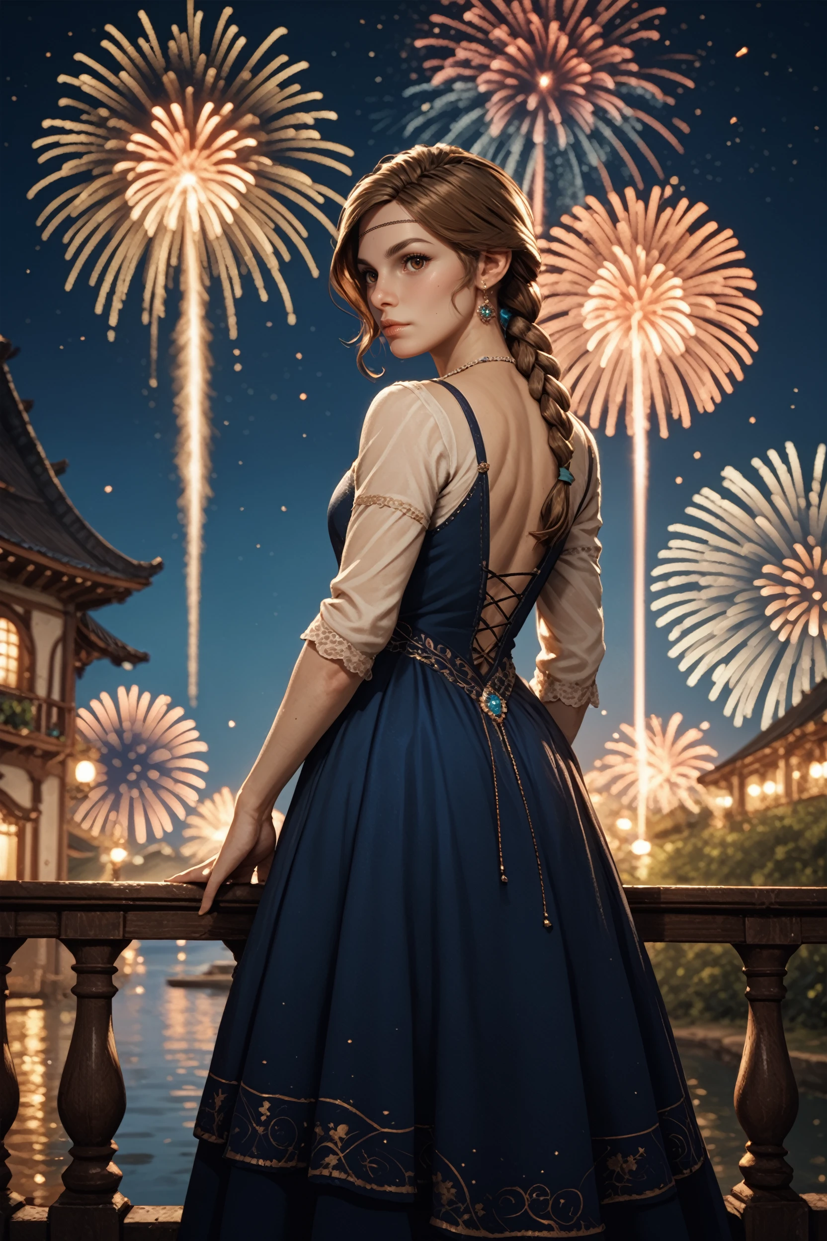 score_9, score_8_up, score_7_up, score_6_up
<lora:PBeatrice:0.8>
PBeatrice, 1girl, brown eyes, brown hair, long hair, single braid, circle, looking at viewer, from behind, cowboy shot, dress, looking back, fireworks, at night