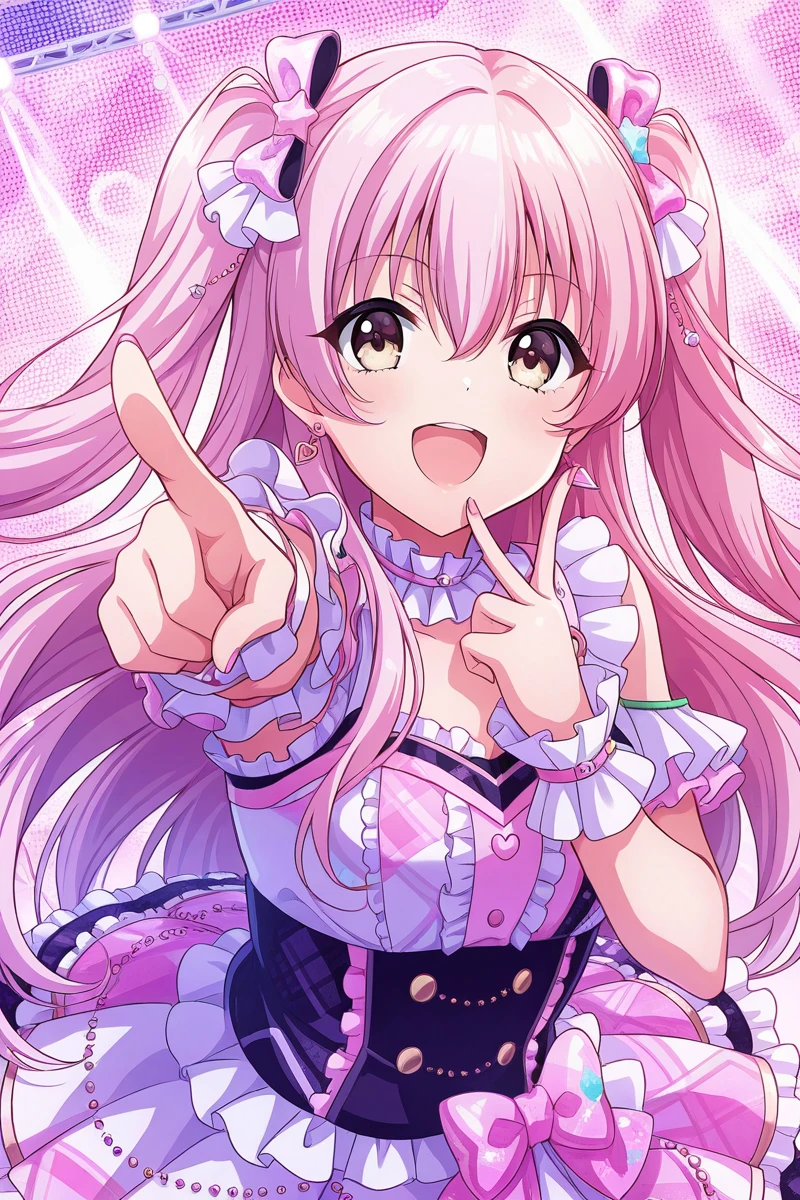 masterpiece, best quality,
 <lora:KokoaIL_r1:1> kokoa, 1girl, pink hair, solo, long hair, smile, hair ornament, earrings, open mouth, jewelry, looking at viewer, pointing, frills, bow, idol, dress