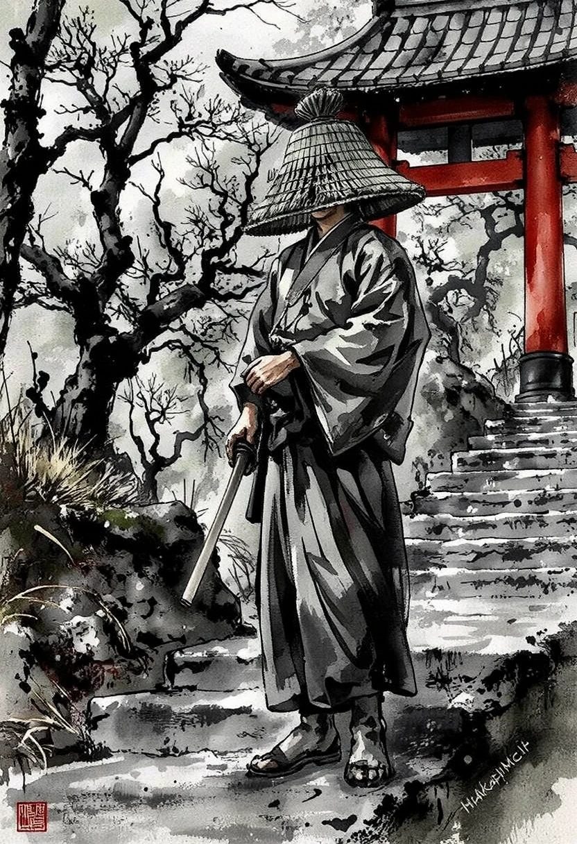 1man, standing on the Stone steps,red torii gate,, the wind is blowing, <lora:mystic-sumi_v40:0.7>, ink and brushstroke dismrt style,<lora:amigasa:1>,amigasa,holding katana,portrait,, look at viewer,fighiting pose,