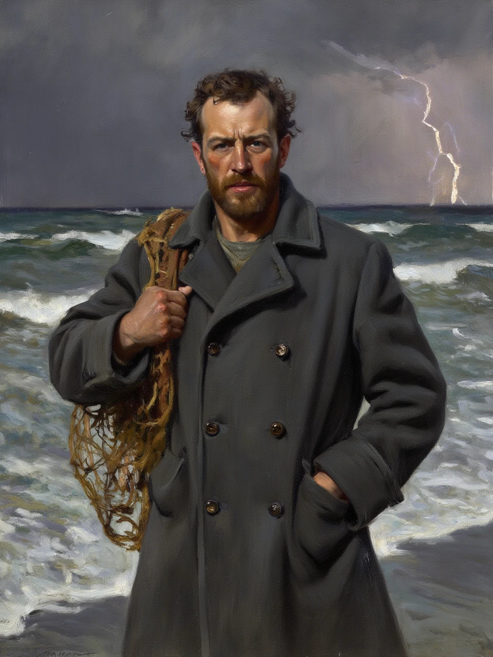 An oil painting, showing a man with a rugged appearance standing against a stormy seascape. He wears a dark gray peacoat and holds a fishing net over his shoulder. The background is dominated by churning waves and a sky heavy with dark clouds. The man’s determined expression is illuminated by the faint glow of distant lightning. The bold, dramatic brushstrokes match the intensity of the scene, creating a powerful and dynamic image.