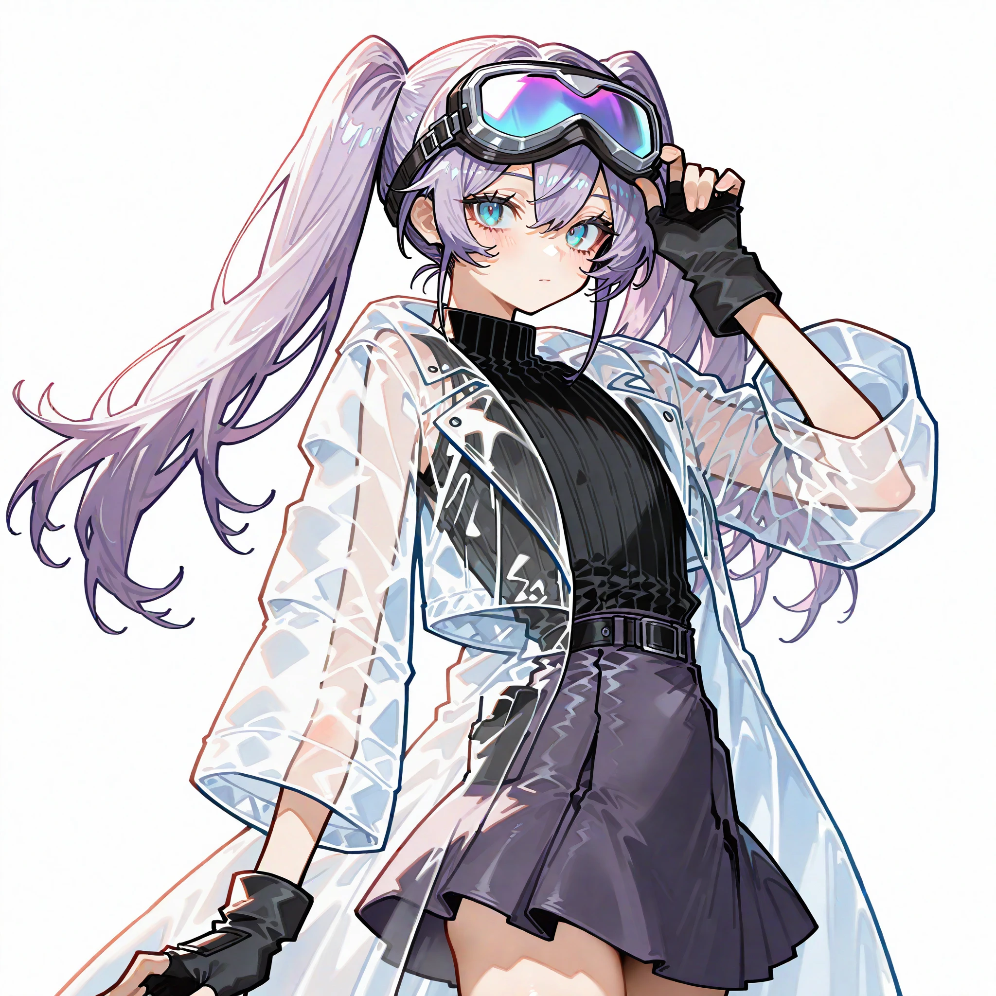 amanohana925,1boy,otoko no ko,transparent open coat,see-through coat,long coat,fingerless gloves,gloves,purple hair,twintails,black gloves,goggles on head,goggles,long hair,upper body,blue eyes,skirt,white background,masterpiece,best quality,newest,absurdres,highres,<lora:amanohana925:1>,<lora:deal360acv illustrious 006:0.4>,<lora:nyalia:0.15>,<lora:dj_sloppa_ill_v2:0.4>,<lora:ponyv4_noob1_2_adamW:1>,