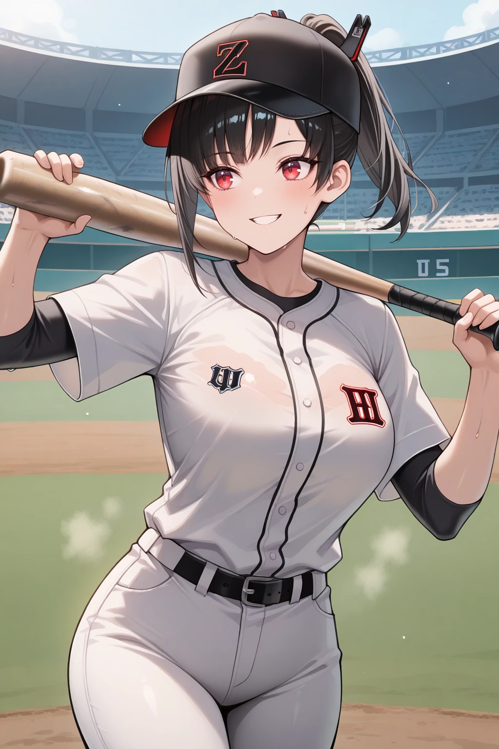 masterpiece, best quality, cowboy shot, grin, 1girl, zwei, large breasts, red eyes, black hair, medium hair, asymmetrical bangs, sidelocks, ponytail, hair ornament, baseball cap, baseball uniform, white shirt, sleeves rolled up, white pants, holding baseball bat, sweat, outdoors, stadium, <lora:Hoseki_Nikke_Zwei_IllustriousXL_v1:1>