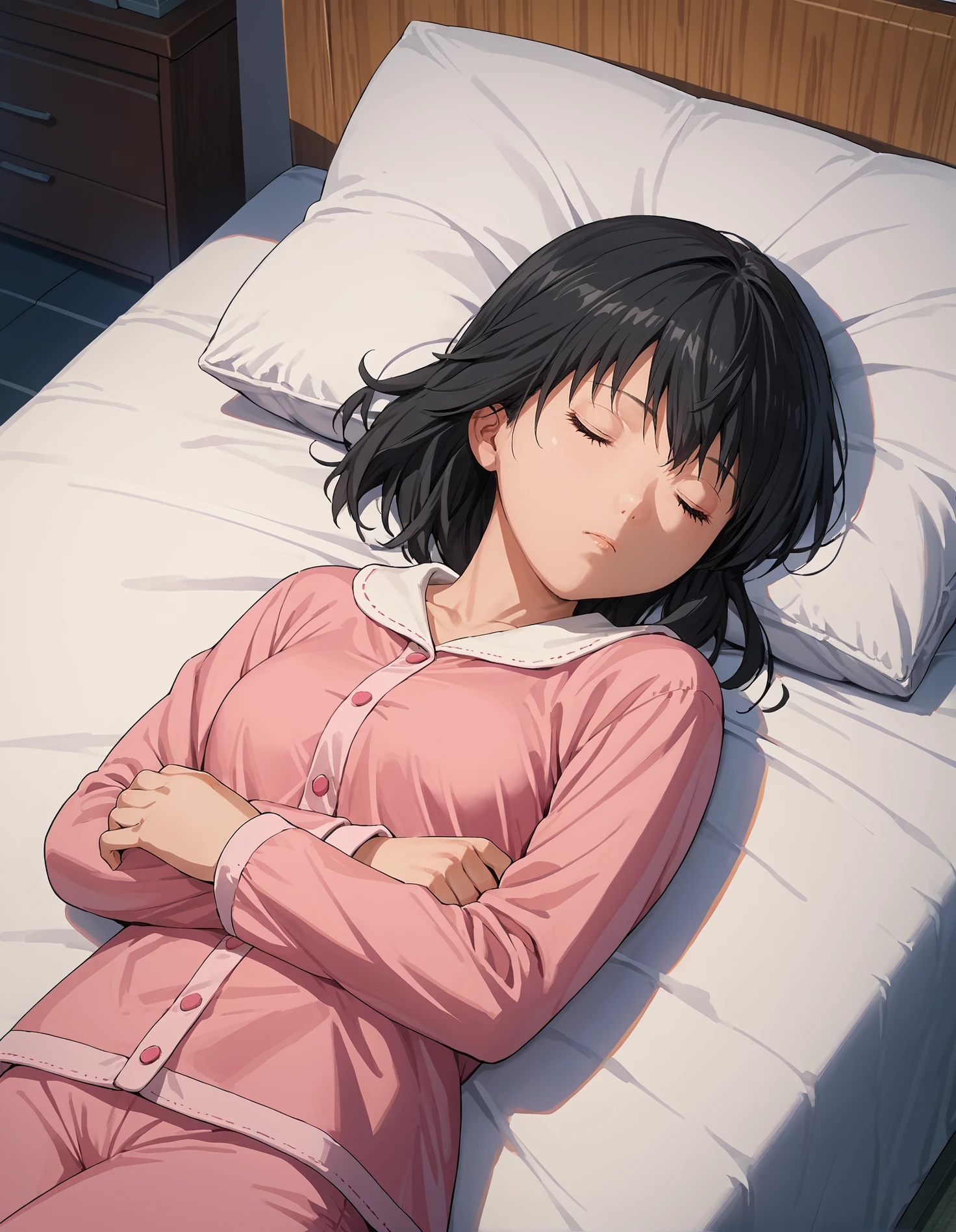 score_9, score_8_up, source_anime, 1girl, upper body, medium shot, detailed, misakiyamamoto, eyes closed, black hair, pink pajama, sleeping, lying, indoors, night, bed, hand under pillow, view from above, <lora:misakiyamamoto_XL:0.8>