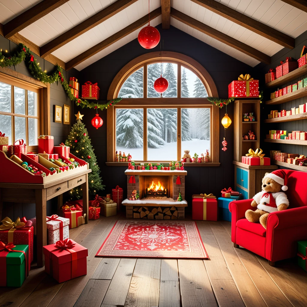 A warm, inviting photograph of Santa Claus's workshop, completely empty yet brimming with festive energy. The room is illuminated by soft golden light from lanterns hanging from wooden beams and a crackling fireplace in the corner. Wooden tables are scattered with tools, paints, and half-assembled toys, including a bright red train, a teddy bear, and colorful wooden blocks. Shelves along the walls overflow with vibrant gift boxes, plush toys, and neatly stacked wrapping paper rolls. The floor is dusted with wood shavings and glitter, adding a sense of activity left behind. Snow-covered windows reveal a faint winter landscape outside, with icicles hanging from the edges. A large chalkboard on one wall lists "Nice & Naughty" names in festive handwriting. The air feels magical, as though the elves just stepped out for a break, leaving the workshop frozen in a perfect holiday moment.<lora:SDXLFaeTastic2400:0.4> <lora:extremely_detailed:0.4> extremely detailed,, Masterpiece,best quality,hi res,8k,hi res,8k,award winning,(sharp focus, intricate, highly detailed),