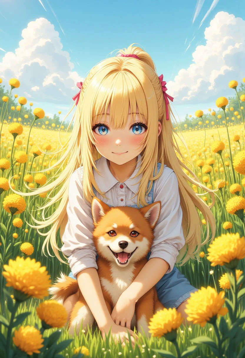 "Create a high-quality, extremely detailed image of a blonde girl sitting in a field of flowers with her dog.