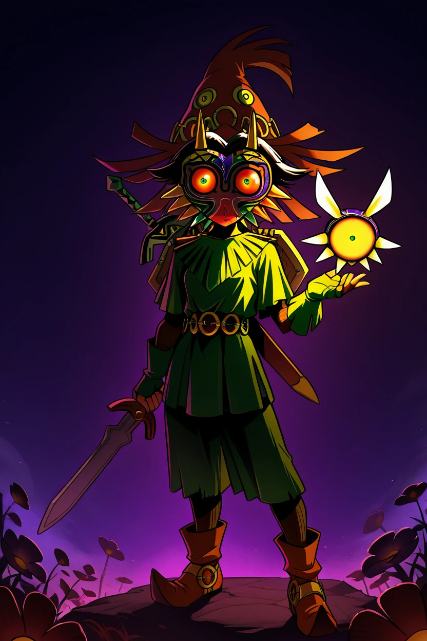 masterpiece, best quality, zzMajora,  temmie chang, majora (entity), tatl, temmie chang (character), the legend of zelda: majora&#039;s mask, highres, 1girl, black hair, cosplay, fingerless gloves, flower, gloves, hat, holding, link (cosplay), looking at viewer, mask, red eyes, shield, solo, standing, sword, weapon, weapon on back,   ,<lora:MajoraZeldaIXL_v2:1.0>,