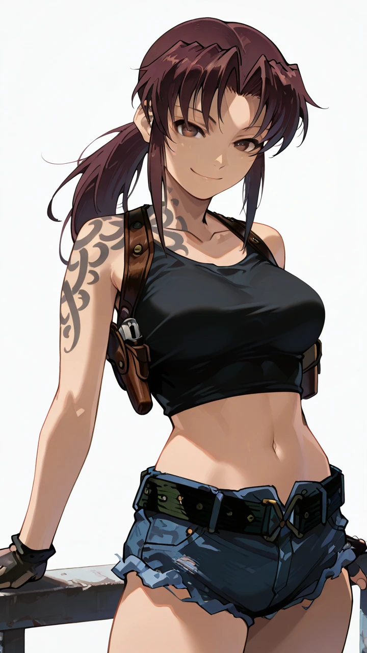 HDR,8K,high contrast,masterpiece,best quality,amazing quality,superabsurd res,high resolution,ultra-detailed,absurdres,newest,revy,smile,1girl,(black lagoon),gloves,fingerless gloves,shorts,solo,tattoo,crop top,navel,denim shorts,midriff,ponytail,denim,tank top,brown hair,breasts,belt,black gloves,long hair,shoulder tattoo,shoulder holster,white background,brown eyes,holster,medium breasts,cowboy shot,looking at viewer,<lora:revy_illustrious_0007:1>,