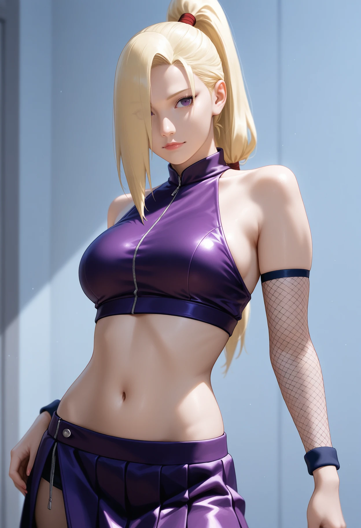 masterpiece, best quality, realistic
Naruto, Ino Yamanaka, blonde hair, high ponytail, long ponytail, hair over right eye, purple outfit, fishnet elbow, navel, skirt,