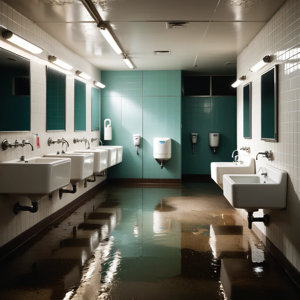 The interior of a public restroom with a utilitarian and slightly neglected design. The walls are covered in plain, slightly stained white tiles, some of which are cracked or chipped. The floor consists of large, dull gray tiles with faint scuff marks and small puddles of water near the sinks. On one side of the room, a row of metal bathroom stalls with scratched doors and faded paint lines the wall. On the opposite wall, a series of wall-mounted urinals made of white ceramic are spaced evenly, each with a metallic flush handle above. Some urinals have faint stains and water streaks, with one having a small puddle beneath it. A row of sinks with old, slightly rusted faucets sits beneath a large, streaked mirror that has smudges and water spots. Above, fluorescent tube lights buzz faintly, casting a cold, sterile glow over the space. A faint smell of cleaning chemicals lingers in the air, mixed with the dampness of the room. A hand dryer is mounted on the wall near the entrance, and a trash bin overflowing with crumpled paper towels stands nearby. The atmosphere feels functional but slightly neglected, emphasizing its everyday use.
<lora:SDXLFaeTastic2400:0.4> <lora:extremely_detailed:0.4> extremely detailed, Masterpiece,best quality,hi res,8k,hi res,8k,award winning,(sharp focus, intricate, highly detailed),