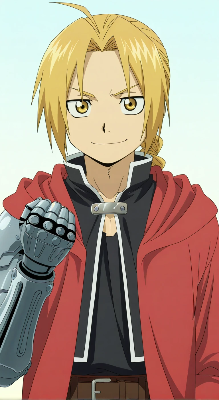 score_9, score_8_up, score_7_up, source_anime, highres, (masterpiece, best quality, (anime, anime coloring:1.3),1boy,solo,male focus,Anime screencap,edward elric,blonde hair,long hair,yellow eyes,ahoge,braiden ponytail,single mechanical arm,simple background,smile,red coat,smile