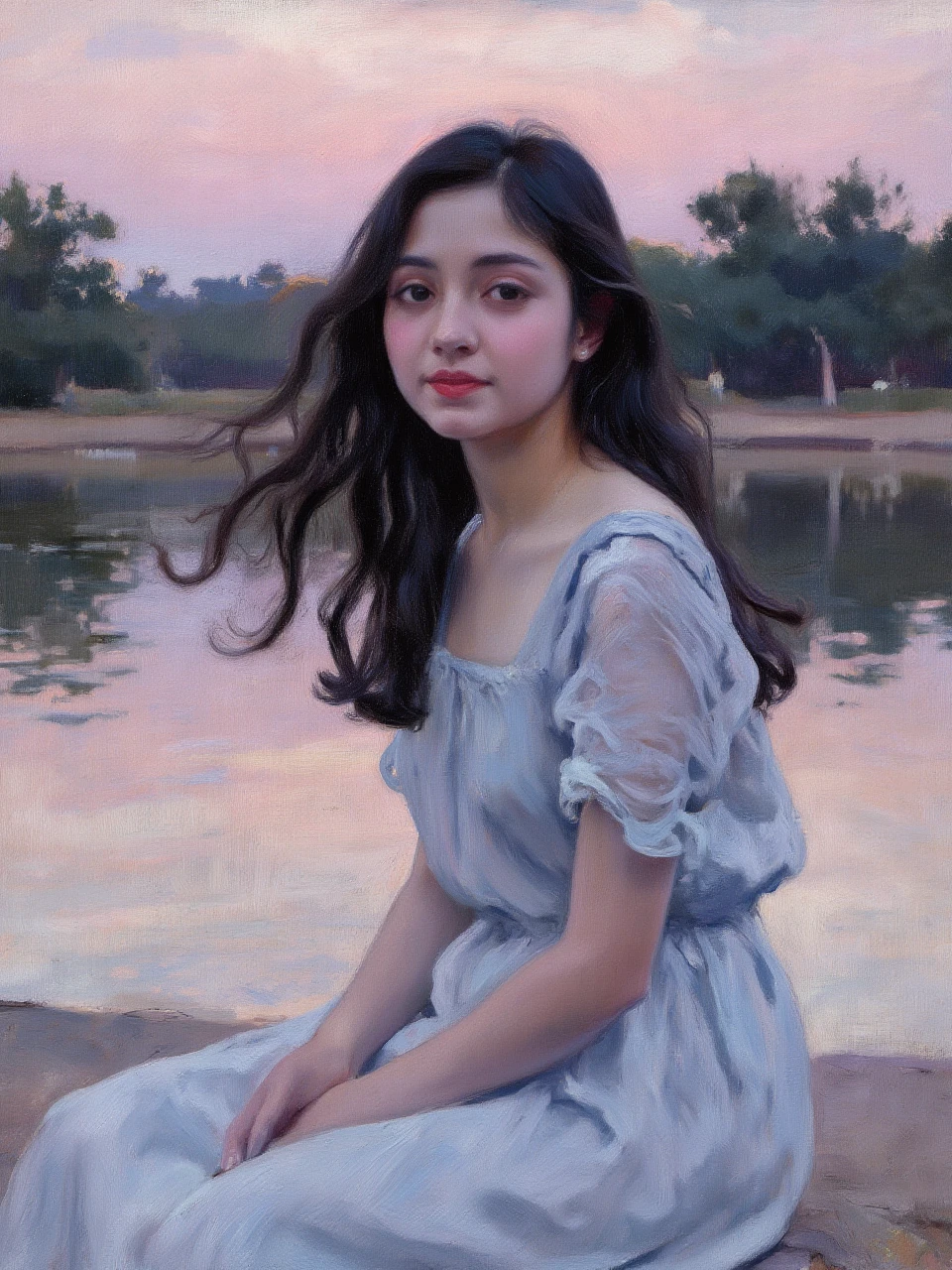 An oil painting, showing a young woman with flowing black hair sitting by a still pond at twilight. She wears a light blue dress that mirrors the calm water's color. The background is a blend of fading pink and purple hues of the sky, with silhouettes of distant trees. Her peaceful expression and the soft ripples in the pond create a serene atmosphere. The smooth, flowing brushstrokes emphasize the delicate interplay between light and water.