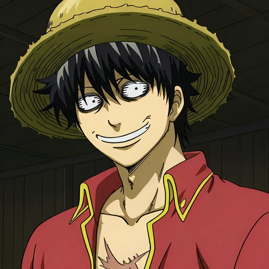 Luffy, red jacket, scar on chest, straw hat, black hair, 1boy, solo, alone, gintama_funny_face, male focus, smile, impact lines, looking at the viewer, masterpiece, highres, highly detailed face, highly detailed shining eyes, symmetrical highly detailed eyes