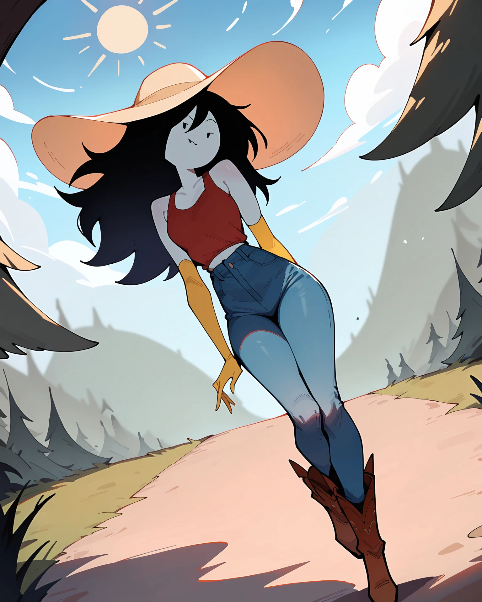 masterpiece, best quality, newest, absurdres, highres, dynamic angle, outdoors, shade
1girl, solo, Marceline, sun hat, red tank top, yellow elbow gloves, cowboy boots, jeans, <lora:Marceline_ILL:1>