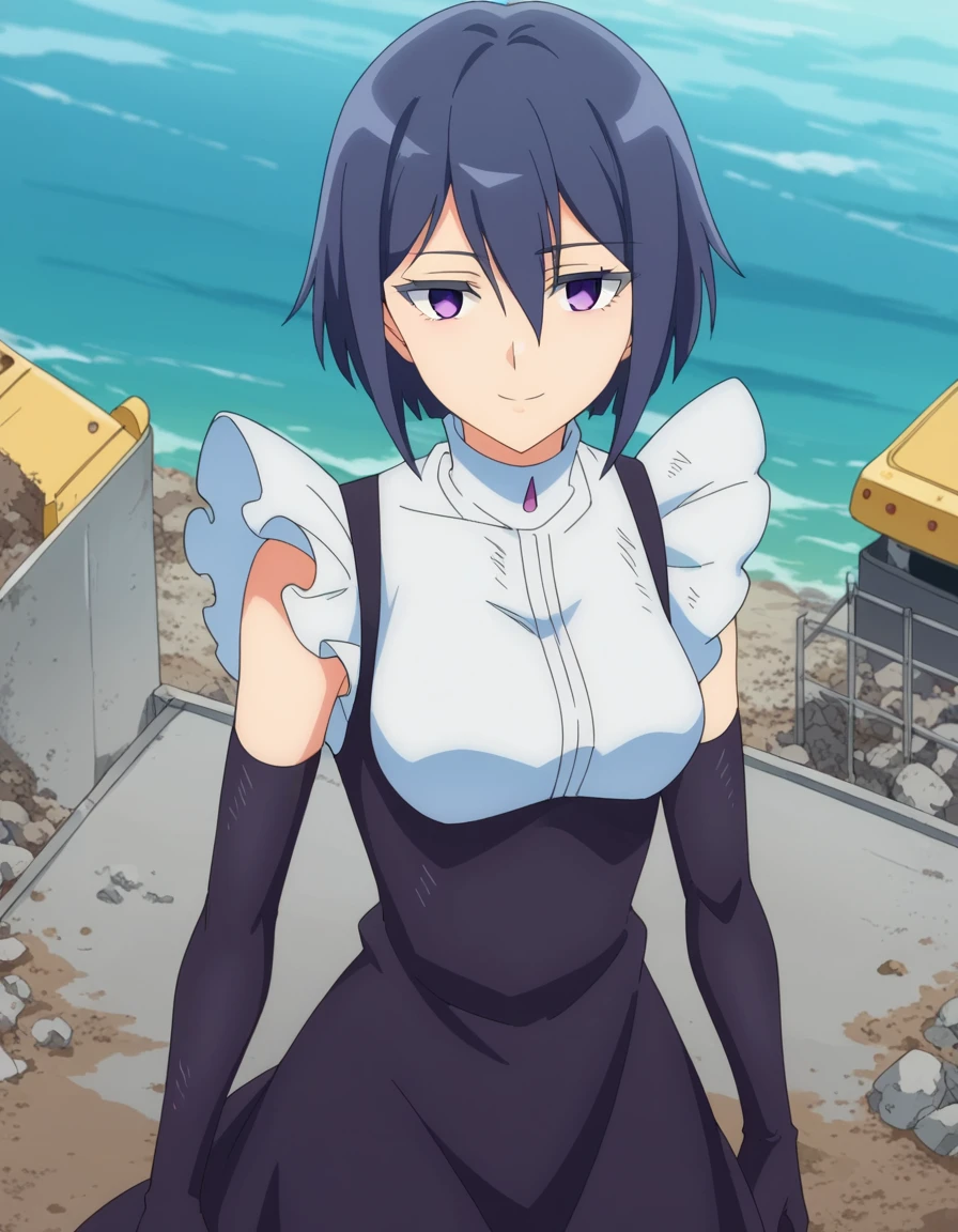 score_9, score_8_up, score_7_up, source_anime, <lora:mei-tsuchiba-s1-ponyxl-lora-nochekaiser:1>, mei tsuchiba, short hair, bangs, hair between eyes, purple eyes, black hair, mature female, medium breasts, anime screencap,, gloves, dress, black gloves, elbow gloves, black dress, shipyard, boats, construction, metal, workers, smile, from above,, looking at viewer, solo,, dutch angle, cowboy shot