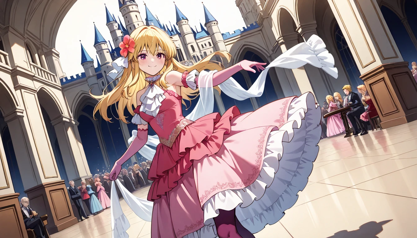 score_9,score_8_up,score_7_up, source_anime, hires,high quality,best quality, 
<lora:Lachesis_Fire_Emblem_Genealogy_of_Holy_War:1>,mas_lachesis, hair flower, pink elbow gloves, pink long dress, long skirt, red shoes, purple pantyhose, bare shoulders, ascot, detached sleeves, frills, frilled dress, shawl, layered dress, smile, blonde hair,
ballroom dancing, castle, ballroom, cowboy shot, dutch angle, crowded floor,