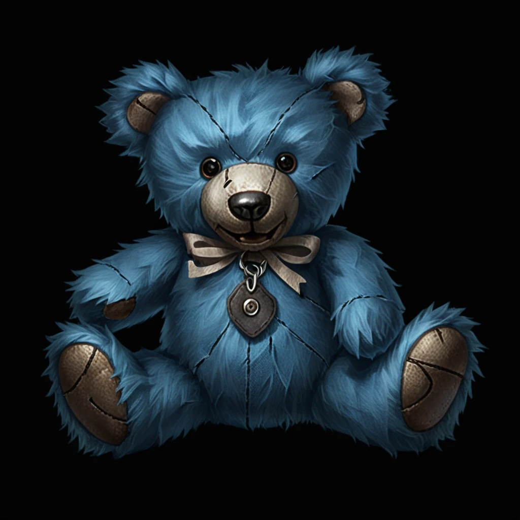 (((black background, simple background))),masterpiece,best quality,great quality,good quality,gmic_\(anheifeng\),A blue teddy bear, tattered, stitched, scary, smiling face, scars, sewing kit,<lora:gmic icon_g67icon-000014:0.75>,