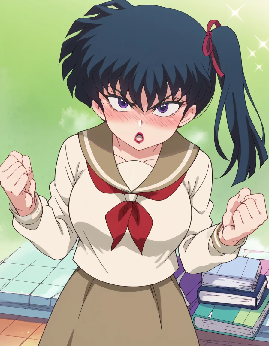score_9, score_8_up, score_7_up, source_anime, <lora:kodachi-kunou-s1-ponyxl-lora-nochekaiser:1>, kodachi kunou, long hair, black hair, ponytail, makeup, lipstick, side ponytail, purple eyes, large breasts, anime screencap,, skirt, long sleeves, ribbon, school uniform, serafuku, sailor collar, brown skirt,, bookstore, browsing shelves, new book smell, finding a favorite, quiet atmosphere, , <lora:breast-press-pov-ponyxl-lora-nochekaiser:1>, breast press pov, breast press, pov, from above, clenched hands, blush, looking up, open mouth, embarrassed, cowboy shot, looking at viewer, solo,, dutch angle, cowboy shot