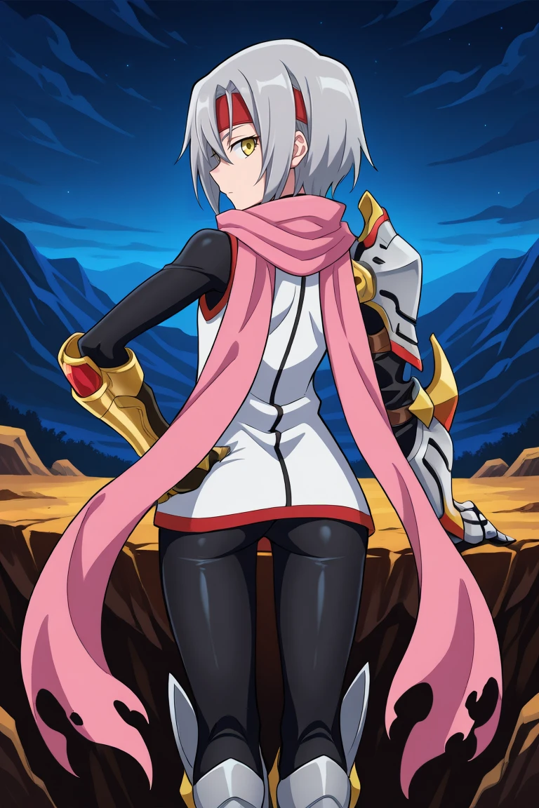 <lora:ZilvaIL:0.85>, zildef, 1girl, short hair, grey hair, yellow eyes, red headband, scarf, pink scarf, white sweater vest, white shirt, bodysuit, black bodysuit, bodysuit under clothes, single gauntlet, armored gauntlet, black gloves, sheathed, armored shoes, from behind, hand on hip, cowboy shot, looking back, looking at viewer, wasteland, night, standing atop a cliff, , solo, masterpiece, best quality, amazing quality, very aesthetic, high resolution,