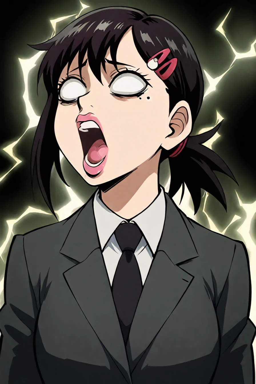 kobeni higashiyama, black hair, hair ornament, hairclip, mole, mole under eye, ponytail, short hair,  black necktie, business suit, formal, long sleeves, necktie, suit, 1girl, solo, alone, <lora:gintama_funny_face_illustriousXL:1>, big lips, blank eyes, open mouth, impact lines, lightning energy in the background, masterpiece, highres