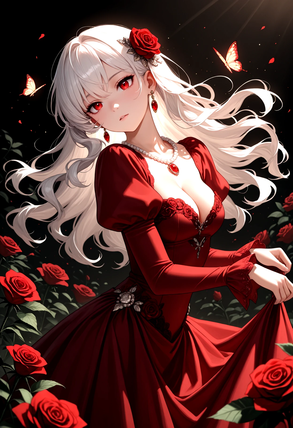 IllusP0s, 1girl, long hair, floating hair, side view, dancing, white hair, hair ornament, red eyes, long sleeves, dress, cleavage, jewelry, flower, earrings, puffy sleeves, hair flower, necklace, head tilt, rose, wavy hair, red dress, bug, juliet sleeves, red flower, butterfly, red rose, pearl necklace
<lora:AnBanIllus_UnFlat:1.0>