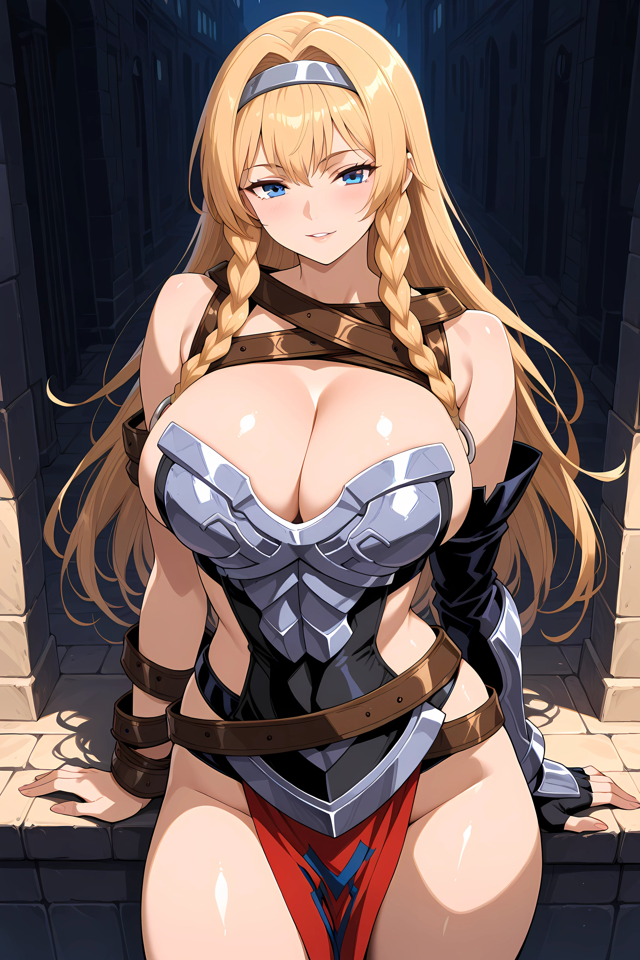 leina vance, 1girl, solo, blonde hair, large breasts, blue eyes, qbrebellion, long hair, braid, armor, belt, bangs, cleavage, cowboy shot, seductive smile, dark alleyway background, midnight, parted lip, <lora:LeinaVanceQBR:1>, (masterpiece),(best quality),(ultra-detailed),(best illustration),(best shadow),(absurdres),(detailed background),(very aesthetic),