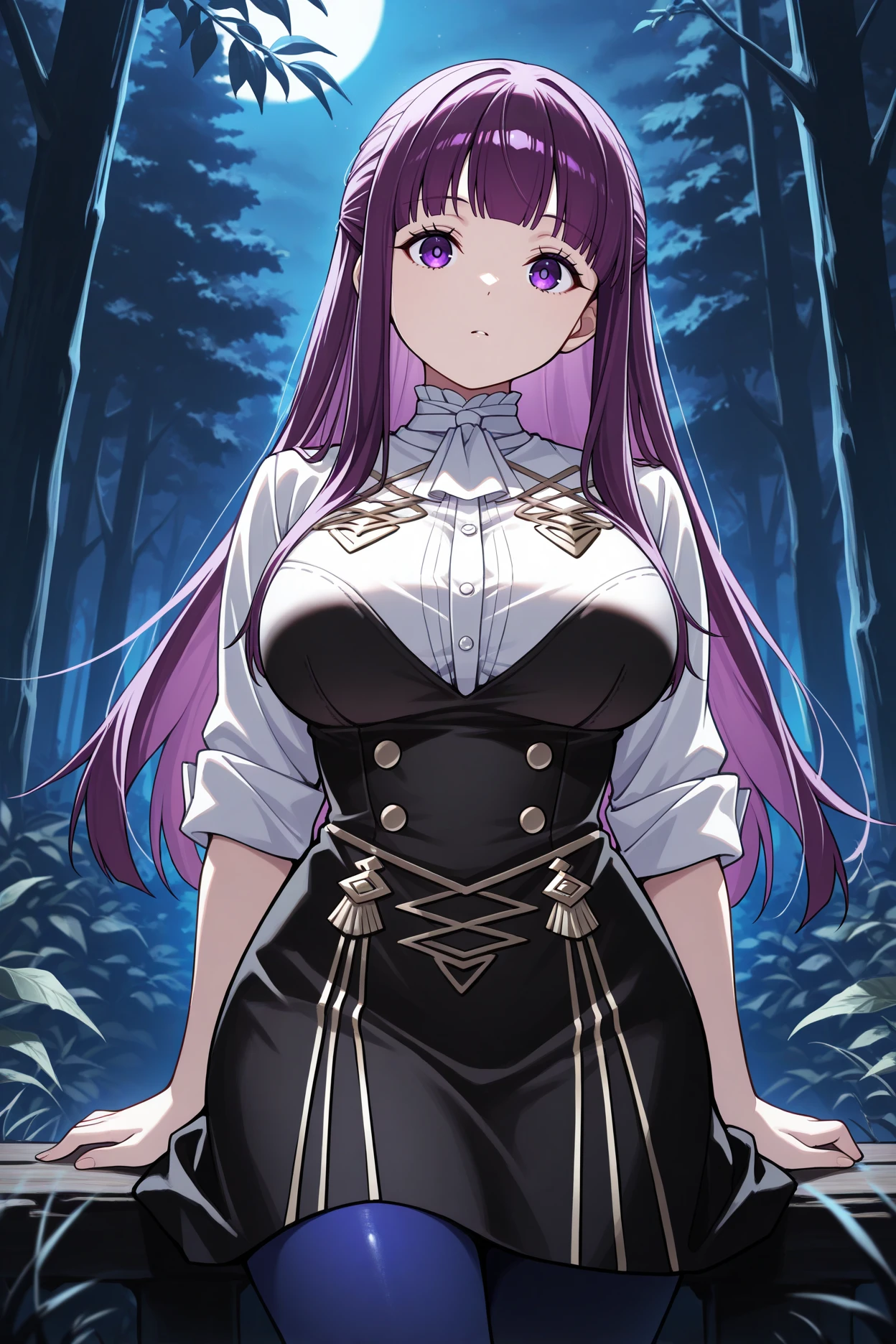 masterpiece, best quality, 1girl, solo, <lora:gmuniform2-illu-nvwls-v1:1> gmuniform2, white ascot, white shirt, high-waist skirt, black skirt, sleeves rolled up, blue pantyhose, (fern \(sousou no frieren\):0.8), purple hair, large breasts, night, forest, moonlight, looking at viewer